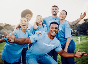 Happy, volunteers and portrait of friends on a farm having fun together with happiness, joy and unity. Sustainable, agriculture and diverse people working or volunteering in eco friendly environment.